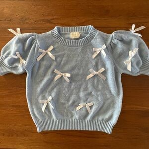 Dreamers by Debut Light Blue Sweater with White Bow Accents Size S